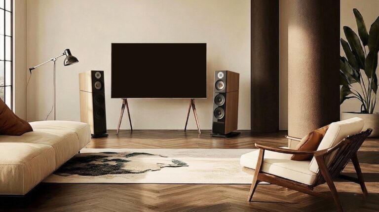 Jamo home cinema: TV flanked by floor-standing speakers in a warm living room